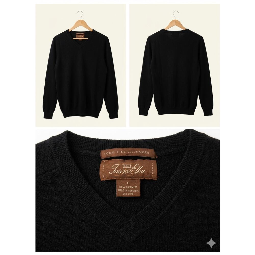 Tasso Elba Men’s Cashmere Sweater Black V-Neck Size S 100% Cashmere Mongolia